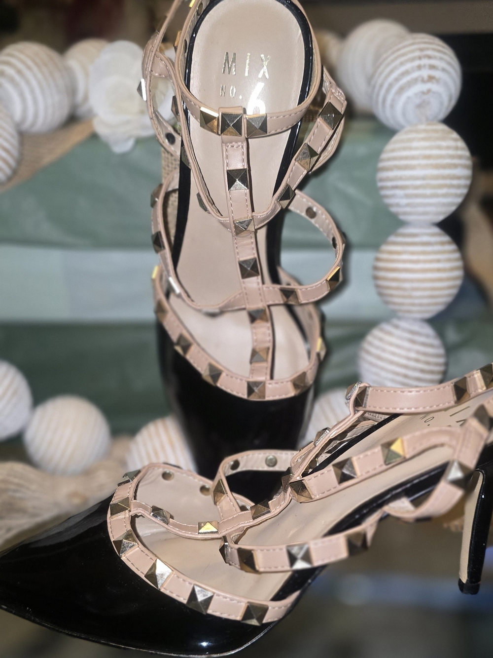 Mix No. 6 Black Patent Pointed Toe Heels with Nude Studded Straps
